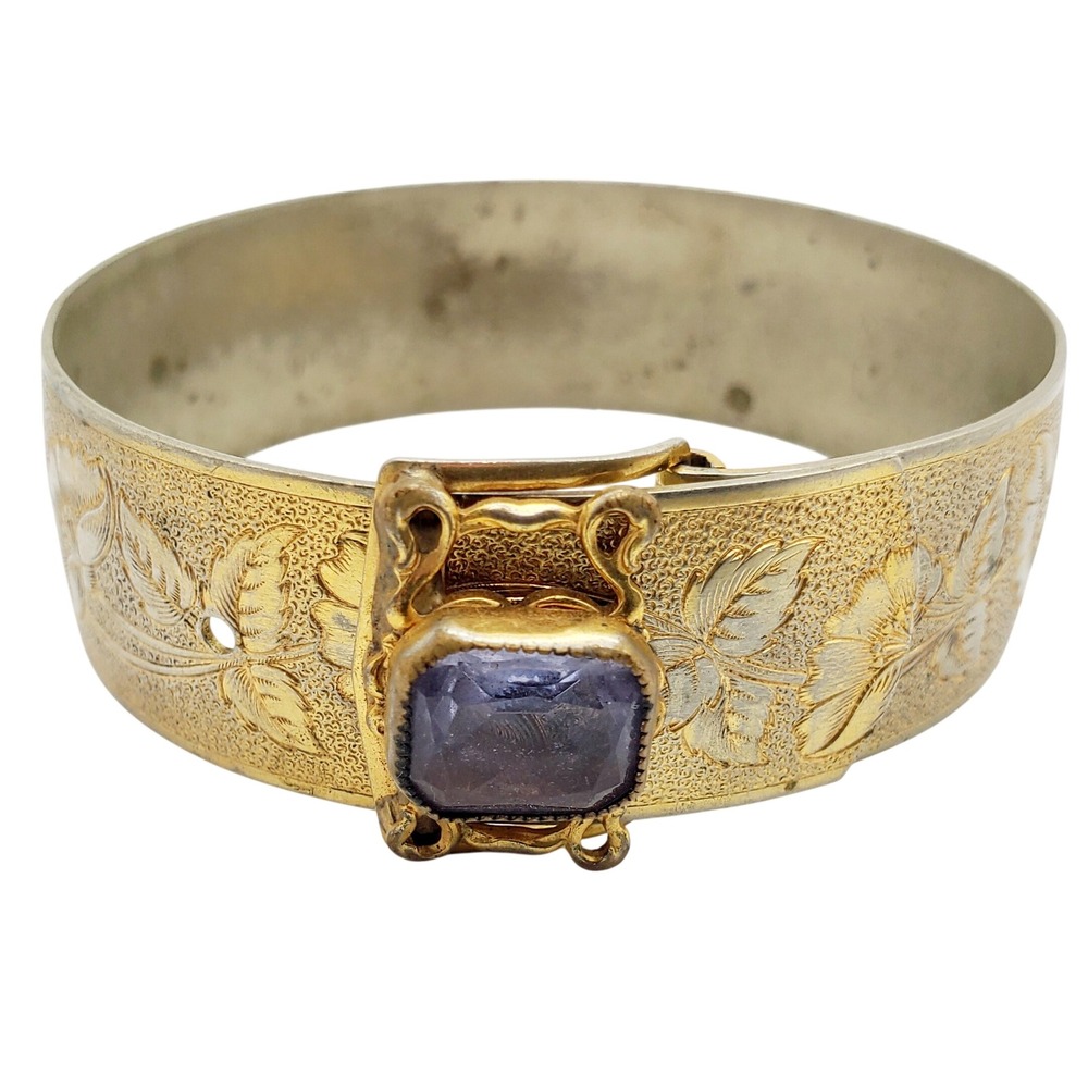 Buckle Clasp Bracelet Engraved Gold Tone Purple Glass Floral Victorian Edwardian